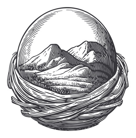 This artwork features a meticulously detailed vector drawing of an egg nestled in a woven nest, showcasing a serene mountain landscape inside. Perfect for nature-themed projects.のイラスト素材