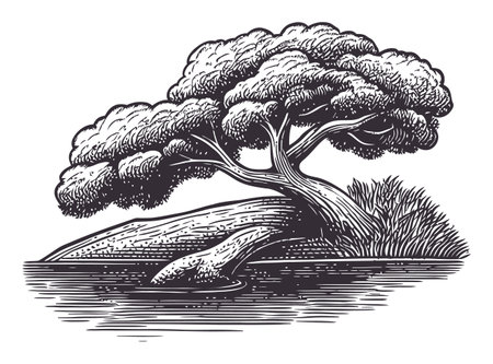 Explore a stunning hand-drawn vector art piece featuring a leafy tree beside tranquil waters. Perfect for nature lovers and artistic designs.のイラスト素材