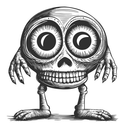 This unique vector art features a playful skeleton with oversized eyes and exaggerated features, perfect for Halloween themes or creative projects.のイラスト素材