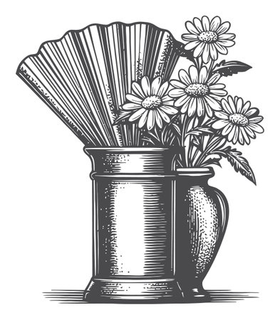 A vintage vector drawing featuring a charming arrangement of flowers in a decorative vase alongside a fan, perfect for art and home decor themes.のイラスト素材
