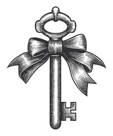 Stunning vintage key illustration adorned with a bow, perfect for graphics related to home decor, invitations, and treasure themes, evoking an air of mystery.のイラスト素材