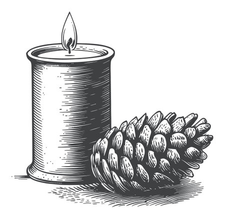 A detailed hand-drawn illustration featuring a candle and pine cone, perfect for art projects, seasonal decorations, and vintage design themes. Ideal for nature lovers.のイラスト素材