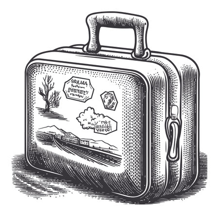 This detailed vector illustration features a vintage suitcase adorned with a scenic train and landscape. Perfect for travel-themed projects or nostalgic designs.のイラスト素材