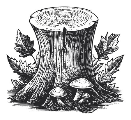 This detailed vector artwork features a tree stump with mushrooms and lush foliage, showcasing nature's beauty and the cycle of life in a rustic style.のイラスト素材
