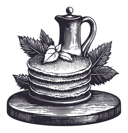 This detailed black and white vector drawing features a stack of pancakes drizzled with syrup, surrounded by fresh leaves, perfect for food-related designs.のイラスト素材