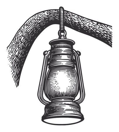 A detailed vintage lantern illustration in black and white line art style. Perfect for adding a rustic touch to various design projects, evoking nostalgia and warmth.のイラスト素材