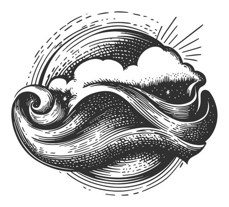 This intricate vector drawing features stylized waves and clouds in a black and white aesthetic. Perfect for creative projects, it embodies natural beauty and movement.のイラスト素材