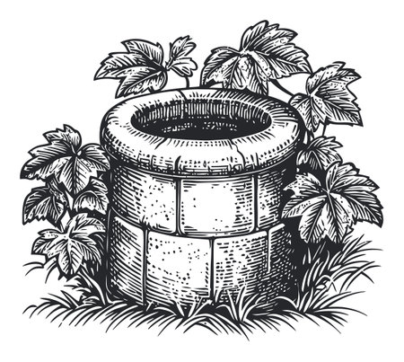 A finely detailed vintage vector drawing of a stone well, surrounded by lush ivy leaves, showcasing a rustic charm and nature's beauty, perfect for art and design projects.のイラスト素材