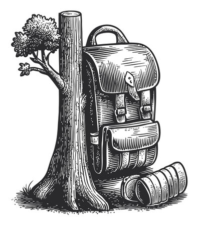 Detailed vintage vector illustration featuring a backpack leaning against a tree. Perfect for outdoor and adventure-themed designs and projects.のイラスト素材