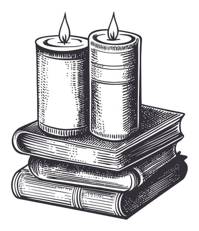 A beautifully detailed vintage drawing featuring two lit candles resting on a stack of books. This artwork captures a cozy and warm atmosphere ideal for educational or decorative themes.のイラスト素材