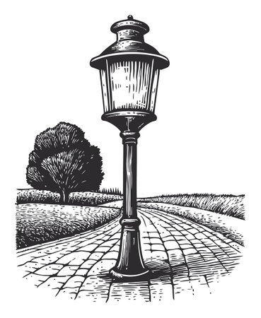 This elegant vintage street lamp illustration in vector art style showcases a detailed design, perfect for enhancing various creative projects related to urban landscapes.のイラスト素材