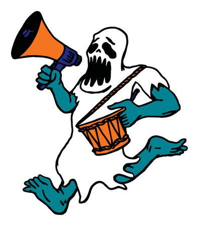 This quirky illustration features a playful ghost enthusiastically playing a drum and using a megaphone. Perfect for Halloween-themed projects or whimsical designs.のイラスト素材