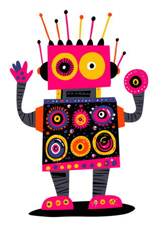 This colorful and playful illustration of a cartoon robot is perfect for children's designs. Its vibrant shapes and whimsical character create a fun atmosphere in any project.のイラスト素材