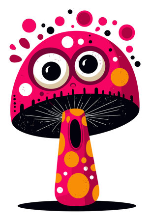 Delight in this whimsical modern doodle illustration featuring a playful mushroom character with vibrant colors and a fun design. Perfect for creative projects!のイラスト素材