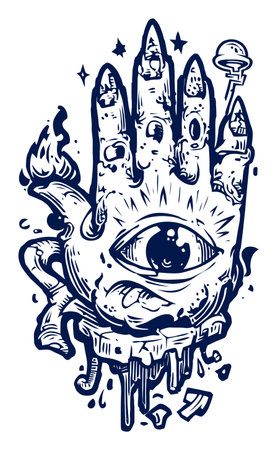 This striking illustration features a detailed hand with an eye, blending modern and surreal elements, perfect for graphic design, tattoos, or artistic projects.のイラスト素材