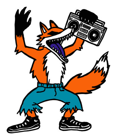 This lively illustration features a playful fox character joyfully dancing with a boombox. Its vibrant colors and fun doodle style evoke a sense of creativity and energy, perfect for modern design projects.のイラスト素材