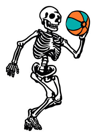 This charming hand-drawn illustration features a playful skeleton holding a colorful basketball. The modern doodle style adds a fun and quirky touch, perfect for sports enthusiasts.のイラスト素材