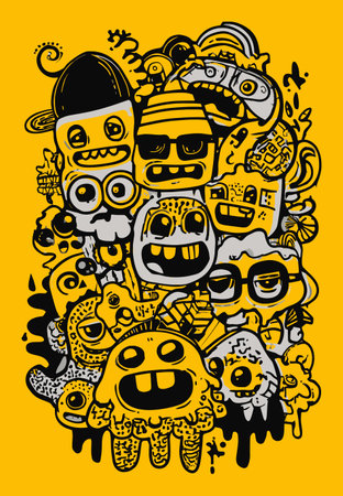 This vibrant hand-drawn illustration features a collection of whimsical monsters with playful expressions on a bright yellow background, perfect for creative projects.のイラスト素材