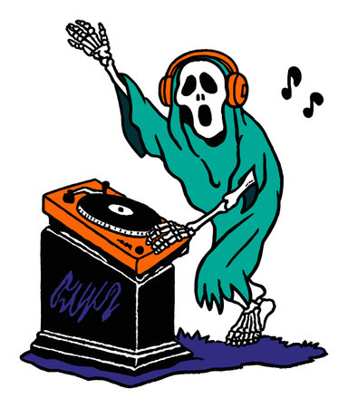 This lively illustration features a skeleton DJ wearing headphones, spinning tunes on a turntable. Ideal for Halloween, parties, or music themes, it radiates joy and creativity.のイラスト素材