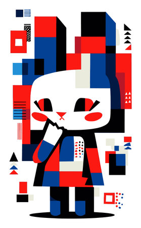 Explore this vibrant and playful modern rabbit character in a geometric design. The colorful illustration combines bold shapes and unique patterns, perfect for various creative projects.のイラスト素材