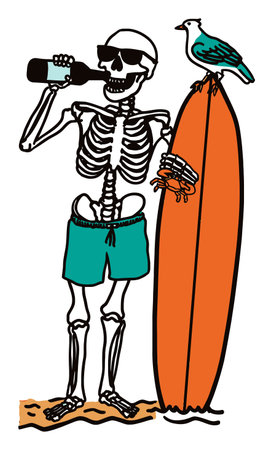 This fun and modern illustration features a playful skeleton enjoying a beach day with sunglasses and a surfboard, accompanied by a curious bird, capturing summer vibes.のイラスト素材