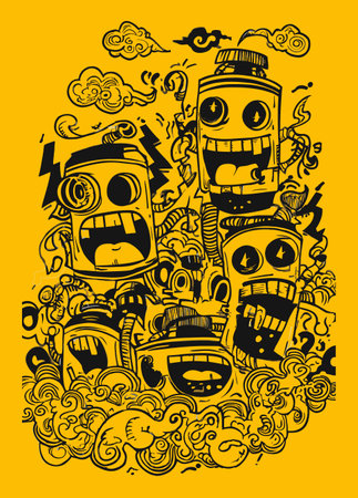 This modern vector illustration features hand-drawn cartoon characters surrounded by whimsical clouds, evoking playful energy and creativity with bold expressions.のイラスト素材