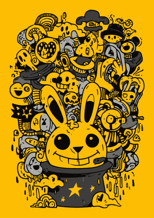 Explore a vibrant modern illustration of a cheerful rabbit head emerging from a magical hat, surrounded by whimsical characters and playful designs, perfect for creative projects.のイラスト素材
