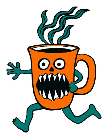 A vibrant hand-drawn illustration featuring a whimsical orange coffee cup character with an exaggerated, monster-like face, depicted in playful motion.のイラスト素材