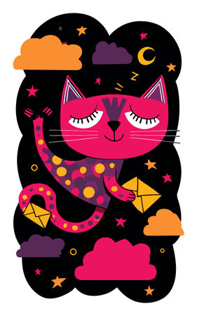 This vibrant doodle illustration features a playful cat surrounded by colorful clouds and stars. Perfect for childrens decor or modern art projects.のイラスト素材