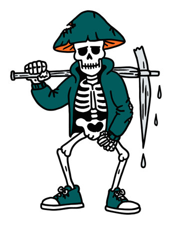 This modern hand-drawn illustration features a skeleton character wearing stylish clothing, perfect for Halloween or creative projects. It's fun and playful.のイラスト素材