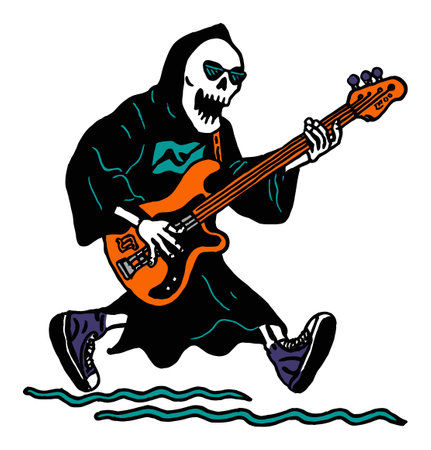 A modern hand-drawn illustration of a skeleton playing the guitar, exuding a vibrant and playful vibe. Perfect for art, music, and youth culture themes.のイラスト素材