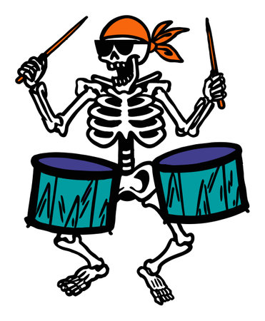 This vibrant skeleton illustration showcases a playful character drumming, wearing sunglasses and a headband. It's perfect for fun themes and music-related projects.のイラスト素材