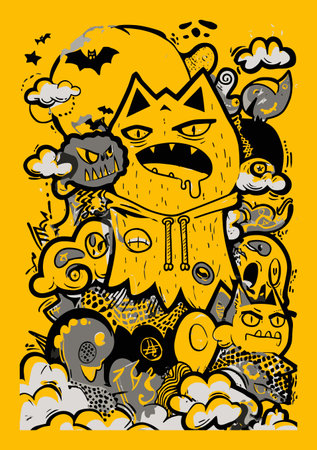 Explore a vibrant hand-drawn vector illustration featuring quirky cartoon monsters in bold colors. Perfect for print, decor, and creative projects!のイラスト素材