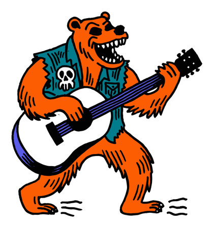 This lively illustration features a cartoon bear energetically playing guitar. With a playful spirit and vibrant colors, it captures the fun side of music and wildlife.のイラスト素材