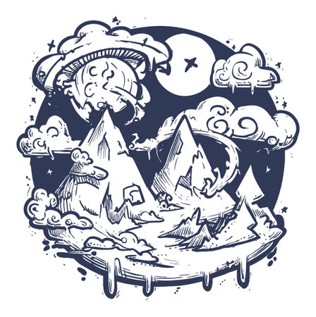 This modern hand-drawn illustration features a whimsical mountain landscape with clouds and a moon, showcasing creativity and a unique artistic style.のイラスト素材