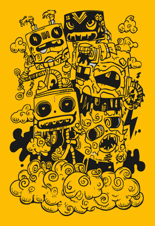 Discover a playful modern illustration featuring colorful cartoon robots in a whimsical style. Perfect for creative projects, this vibrant vector art brings joy and imagination.のイラスト素材