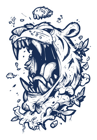 This dynamic hand-drawn illustration features a roaring bear, showcasing intricate details and bold elements. Perfect for modern graphic projects, this artwork captures raw energy and emotion.のイラスト素材
