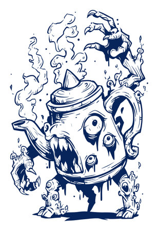 Explore a unique hand-drawn illustration of a modern teapot character with creepy features, steam, and unexpected details. Perfect for whimsical art projects.のイラスト素材