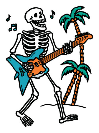 This lively illustration features a skeleton joyfully playing an electric guitar surrounded by palm trees, creating a vibrant and playful scene perfect for summer-themed art.のイラスト素材