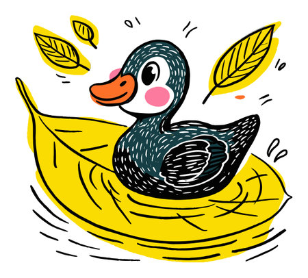 A whimsical illustration of a cute duck floating on a vibrant yellow leaf, surrounded by playful leafy accents, perfect for adding a touch of joy to any creative project.のイラスト素材