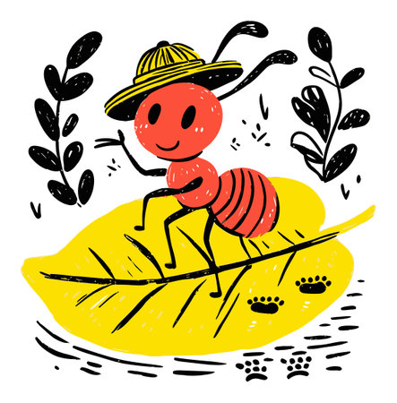 This colorful hand-drawn illustration features a playful ant wearing a hat, joyfully perched on a vibrant yellow leaf, surrounded by foliage.のイラスト素材