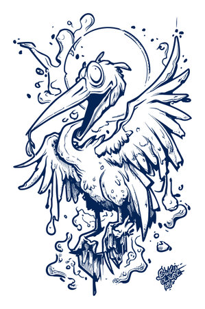 This modern hand-drawn illustration showcases a whimsical bird with an expressive pose and vibrant features, perfect for creative projects and playful designs.のイラスト素材