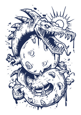 Artistic hand-drawn illustration featuring a fierce dragon encircling a moon with a sun behind. Ideal for fantasy-themed projects, tattoos, or graphic designs.のイラスト素材