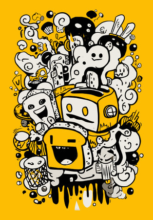 Explore a vibrant modern vector illustration featuring playful characters, abstract elements, and cheerful designs on a bright yellow background. Perfect for creative projects!のイラスト素材