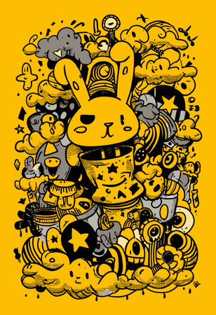 This modern hand-drawn vector illustration features a fun bunny amidst vibrant clouds and stars, creating a whimsical and colorful art piece ideal for various creative projects.のイラスト素材