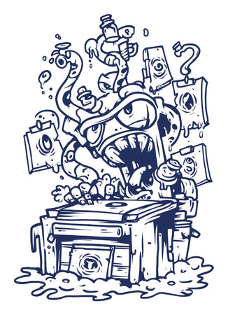 Explore this wacky hand-drawn illustration featuring a cartoon monster surrounded by art supplies in a playful, messy scene. Perfect for creative projects!のイラスト素材