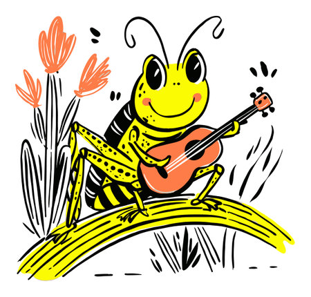 This cheerful hand-drawn illustration features a grasshopper playing the ukulele among flowers, embodying a playful and joyful spirit ideal for creative projects.のイラスト素材