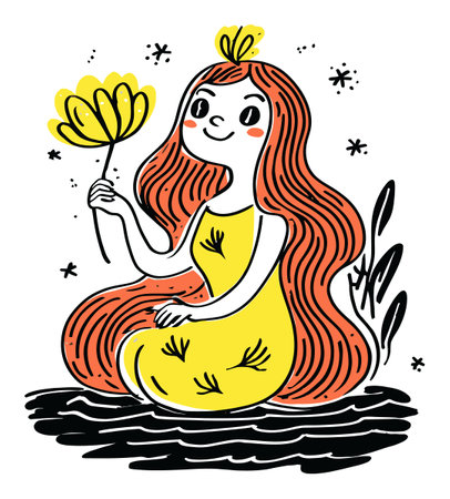 This modern hand-drawn illustration features a joyful girl in a yellow dress holding a flower, capturing a whimsical and vibrant essence of nature and creativity.のイラスト素材