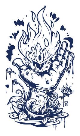 This modern hand illustration features a flame erupting from a flowering hand, showcasing a dynamic fusion of nature and energy in an artistic design.のイラスト素材