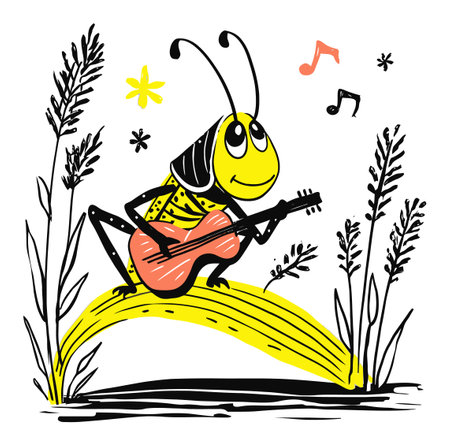 A cheerful cartoon insect strumming a guitar on a vibrant bridge, surrounded by whimsical plants and stars, embodying a modern artistic style and joyful spirit.のイラスト素材
